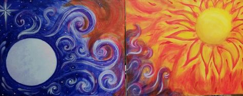 Sun Moon Dyptich Painting Sun And Moon Oil Painting, Painting Ideas Moon And Sun, Diptych Painting Ideas, Dyptich Art Ideas, Diptych Art Ideas, Dyptich Art, Sun And Moon Art Aesthetic, Dyptich Painting, Sun And Moon Paintings