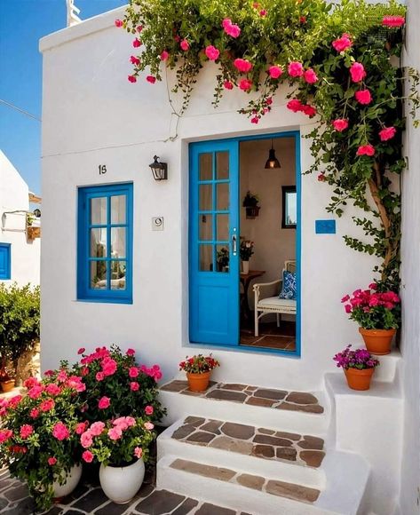 Greek House Bloxburg, Greek Windows, Greece Homes, Beautiful Small Homes, Blue Front Door, House Pattern, Small Courtyard Gardens, Greek Blue, Beach House Exterior