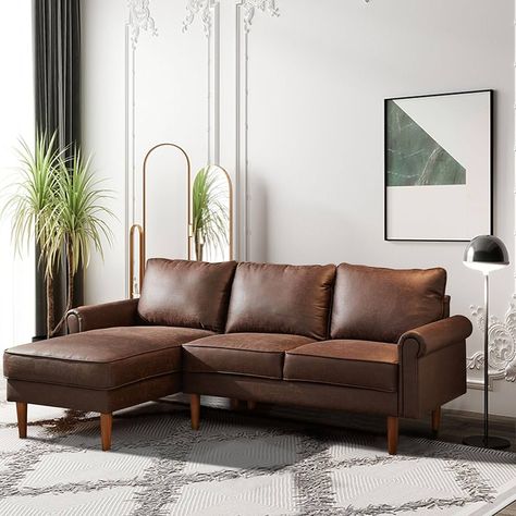 Amazon.com: POUUIN 81" Small Sectional Sofa Couches for Living Room,Mid-Century Modern L-Shape Sofa Couch with Chaise,Faux Leather Comfy Chaise Sofa for Office Apartment Small Space,Brown : Home & Kitchen Sofa For Office, Dark Brown Sofa, Leather Chaise Sofa, Alaska Living, Simple Couch, Dark Brown Sofas, Living Room Color Combination, Boho Couches, Brown Furniture Living Room