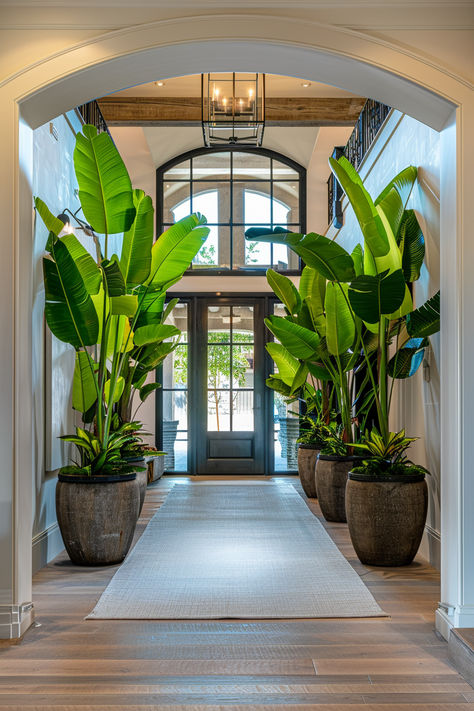 A beautifully decorated entryway filled with lush greenery and colorful plants, creating a welcoming and vibrant atmosphere in the home. House Entrance Plants Entryway, Plant Entryway Ideas, Foyer Plants Entrance, Plants Entryway, Big House Plants, Hotel Plants, Colonial Chic, Ethnic Living Room, Air Purifying House Plants