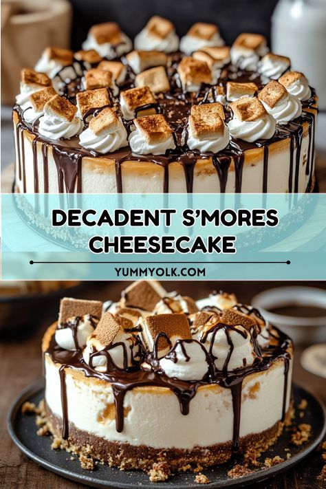 **Indulge in Decadent S’mores Cheesecake**

A campfire classic, reimagined as a decadent cheesecake. This dessert combines a creamy cheesecake filling, graham cracker crust, and a gooey marshmallow topping. 

#cheesecake #smores #dessert #baking #sweettreat #foodie #homebaking Smores Cheesecake Recipe, Smores Cheesecake, Marshmallow Cheesecake, Pecan Pie Cupcakes, Holiday Party Desserts, Campfire Snacks, Chocolate Chip Cheesecake, Caramel Frosting, Chocolate Dreams