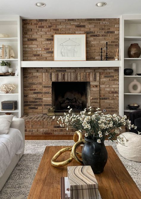 Brick Fireplace Makeover Before And After - House Of Hipsters Master Fireplace, Moss House, Brick Fireplace Decor, Farrow And Ball Living Room, Brick Fireplace Wall, Red Brick Fireplaces, 80s House, House Improvement, Brick Hearth