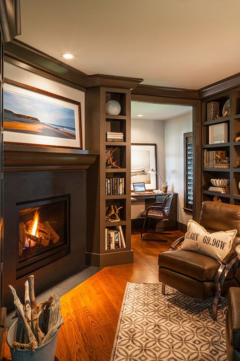 Home Office with Fireplace Sitting Area With Fireplace, Home Library With Fireplace, Work Nook, Library With Fireplace, Office With Fireplace, Cozy Home Library, Fireplaces Layout, Home Office Library, Open Plan Kitchen Living Room