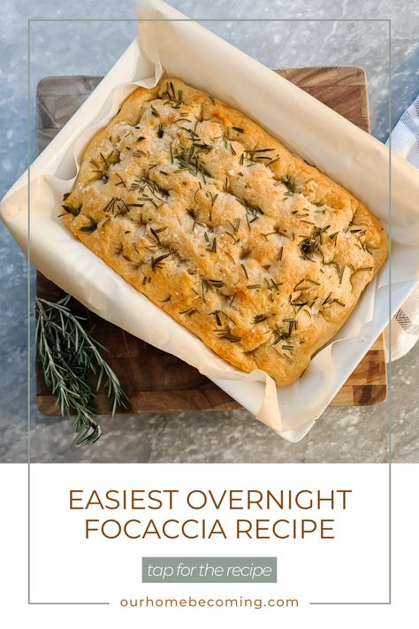 Easy Overnight Focaccia Recipe - ourhomebecoming.com Lace Bakes Overnight Focaccia, Overnight Focaccia Recipe, No Knead Focaccia Bread, Foccacia Bread Overnight, Facassica Bread, Overnight Focaccia Bread Recipe, Focassia Recipe, Faccocia Recipe, Pretty Focaccia Bread