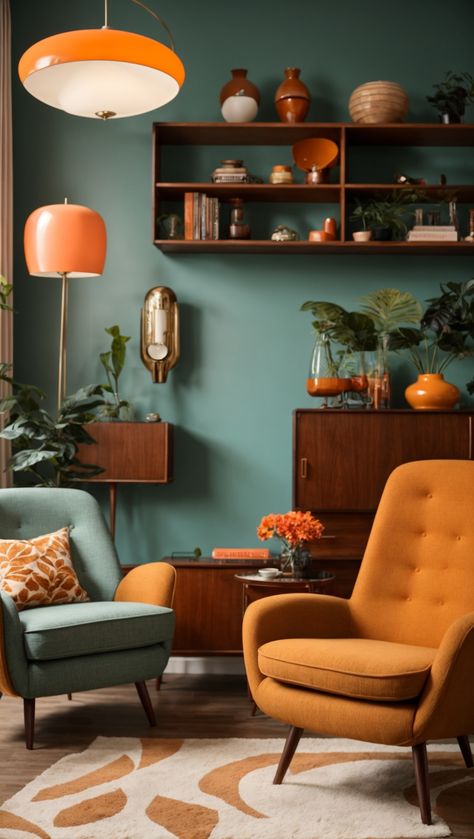 Boho Meets Mid Century Modern, Living Room Inspiration Mid Century Modern, Living Room Mid Century Modern Bohemian, Mcm Retro Living Room, 60s Style Living Room, Mid Mod Interior Design, Midcentury Boho Living Room Decor, Modern 70s Interior, Colorful Retro Apartment