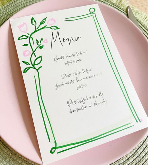 Midsommar Party Invitation, Handwritten Menu Design, Dinner Party Menu Card, Dinner Party Menu Design, Simple Flower Illustration, Diy Menu Cards, Watercolor Menu, Stationary Inspiration, Birthday Menu