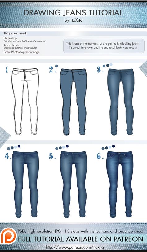 Drawing Jeans Tutorial by itaXita Draw Jeans, Drawing Denim, Texture Reference, Painting Clothes, Jeans Tutorial, Drawing Men, Jeans Drawing, Fashion Texture, Digital Ideas