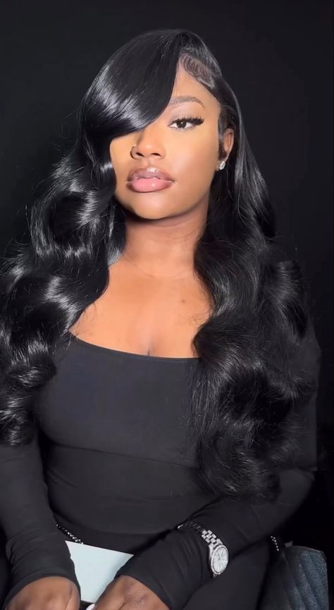 Prom Wigs Hairstyles, See In Side Part Curly, Black Lace Front Side Part, Wedding Hairstyles Lace Wig, Bodywave Closure Wig Hairstyles, Side Part Wig Loose Curls, 22 Inch Body Wave Wig Side Part, Black Hair Styles For Prom, Long Side Part With Curls