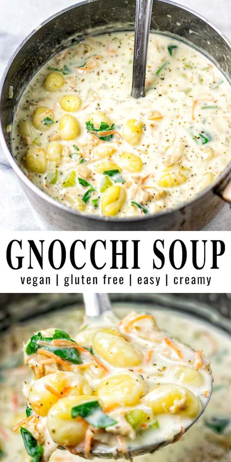 This Gnocchi Soup is ready in 20 minutes, creamy, rich, satisfying. No doubt it will be a favorite for your family in no time. You will never taste it's vegan and so easy to make. #vegan #dairyfree #vegetarian #dinner #lunch #contentednesscooking #mealprep #gnocchisoup Chicken Cubes, Vegetarian Soup Recipes, Gnocchi Soup, Vegan Soup Recipes, Tasty Vegetarian Recipes, Vegan Soups, Vegetarian Soup, Think Food, Vegetarian Dinner