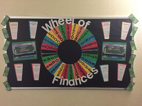 Wheel of Finances RA money tips and tricks bulletin board Financial Literacy Bulletin Board, Career Bulletin Boards, Literacy Bulletin Boards, Resident Assistant Bulletin Boards, Literacy Display, March Bulletin Board, November Bulletin Boards, Office Bulletin Boards, College Bulletin Boards