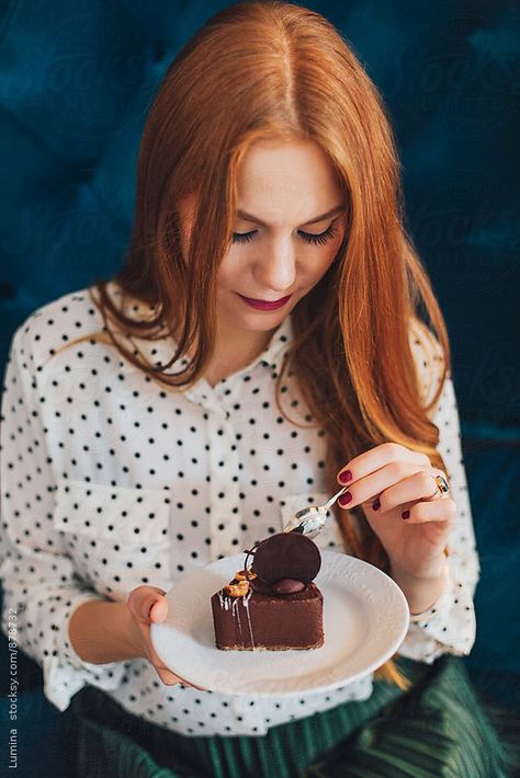 Woman Eating Cake Photography, Eating Chocolate Photography Woman, Eating Cake Pose Reference, Eating Cake Photoshoot, Eating Cake Pose, Woman Eating Chocolate, Woman Eating Cake, Chocolate Photoshoot, Ginger Woman