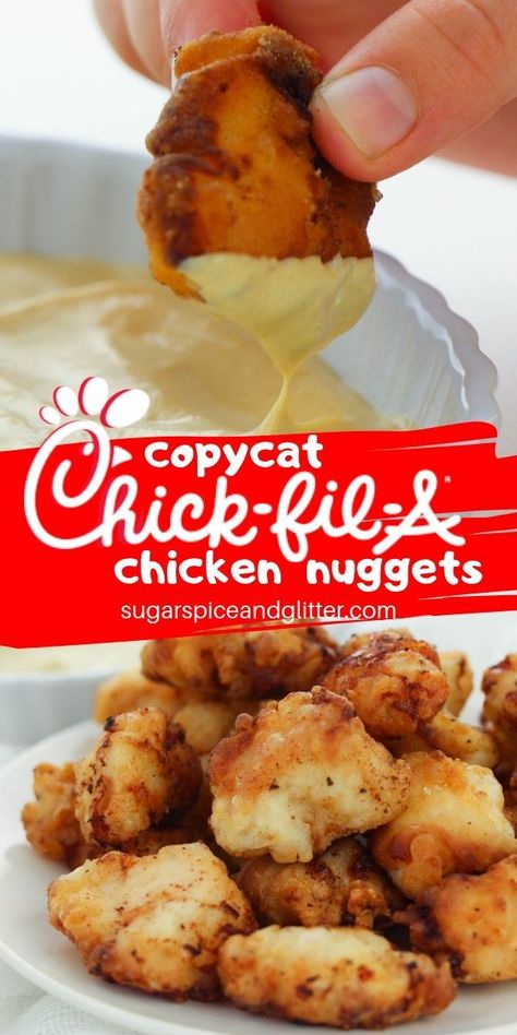 Simply the best ever Chick-Fil-A Chicken Nuggets Copycat recipe, this homemade chicken nugget recipe has two secret ingredients that make all the difference Chik Fil A Chicken, Chick Fil A Chicken Nuggets, Chick Fil A Recipe, Chinese Lemon Chicken, Chick Fil A Nuggets, Copycat Chick Fil A, Chick Fil A Sauce, Baked Chicken Nuggets, Homemade Chicken Nuggets