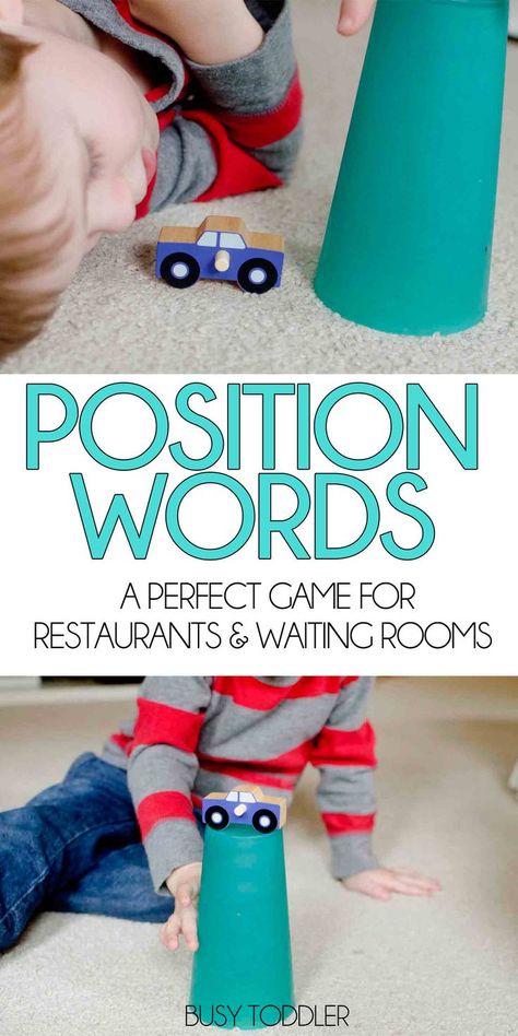 Position Words: The Over Under Game is a perfect activity for waiting rooms and restaurants. Pass the time with this simple no-prep game. Work on math vocabulary and following directions. Positional Words Activities, Preposition Activities, Math Vocabulary Words, Language Development Activities, Toddler Speech, Preschool Speech Therapy, Math Vocabulary, Indoor Activities For Kids, Speech Therapy Activities