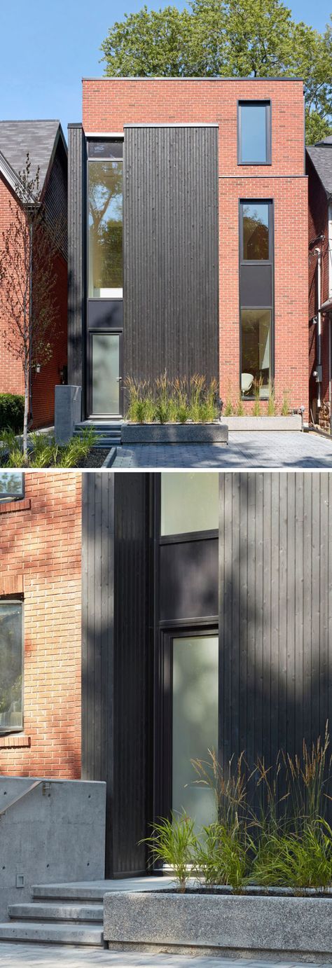 This modern house in Toronto features tall slender windows with a red brick and black-stained cedar facade. #ModernHouse #BlackCedar #RedBrick #Facade Red Brick House Exterior, House Brick, Exterior Wall Panels, Toronto Houses, Wood Facade, House Cladding, Red Brick House, Brick Exterior House, Brick And Wood