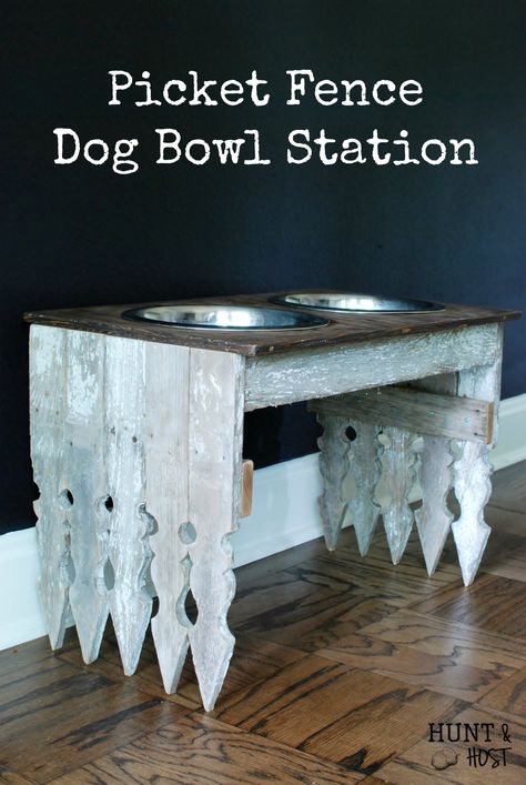 A DIY tutorial on how to make your own picket fence dog bowl station! www.huntandhost.net Dog Bowl Station, Upcycled Fence, Picket Fence Ideas, Dog Food Station, Farmhouse Crafts, Old Fences, Diy Fence, Building A Fence, Farm Fence