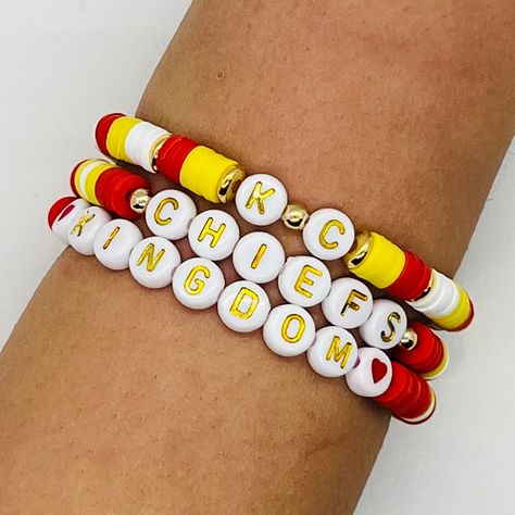 Super Bowl Friendship Bracelets, Super Bowl Bracelets, Chiefs Clay Bead Bracelet, Chiefs Heishi Bracelet, Kc Chiefs Clay Bead Bracelet, Kansas City Chiefs Clay Bead Bracelet, Chiefs Bracelet Ideas, Chiefs Beaded Bracelet, Nfl Clay Bead Bracelets