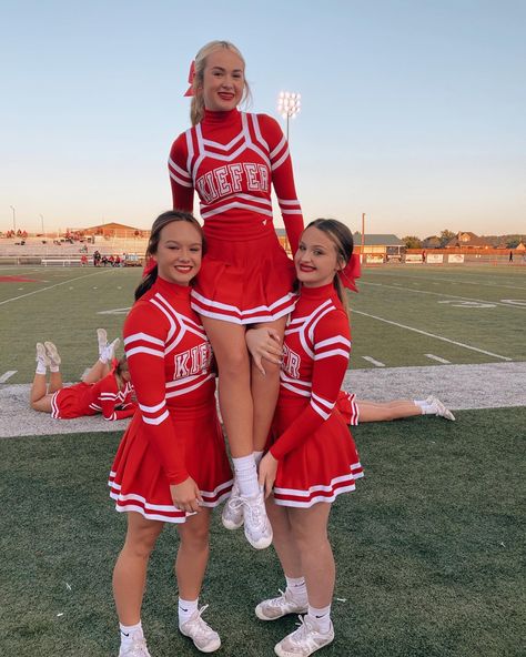 Red And Gold Cheer Uniform, Red Cheerleader Outfit, Sideline Cheer Uniforms, Red Cheer Uniforms, Cheer Uniform High School, Cheerleader Drawing, Cheer Fits, Cheerleading Bags, Cheerleading Party