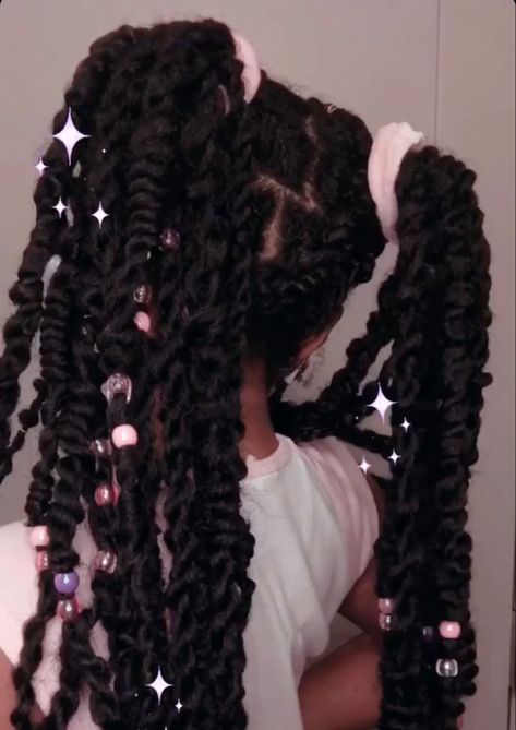 Kawaii Black Hairstyles Braids, Cute Black Hair Styles, Kawaii Box Braids, Braids For Black Women Beads, Kawaii Black Hairstyles, Twisties Hairstyles, Kawaii Braids, Thick Twists, Black Female Hairstyles