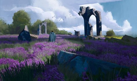 Adventurer Concept Art, Medieval Concept Art, Ruins Concept Art, Dnd Setting, Fantasy Fields, 3d Coat, Location Inspiration, Landscape Concept, Perspective Art