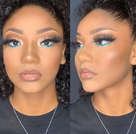 Blue Light Makeup Looks, Tiffany Blue Makeup Looks, Makeup Blue Under Eye, Teal Prom Makeup Looks, Makeup Looks With Blue Under Eye, Neutral Blue Makeup Looks, Light Blue Eye Makeup Prom, Quince Makeup Royal Blue And Gold, Makeup With Blue Under Eye