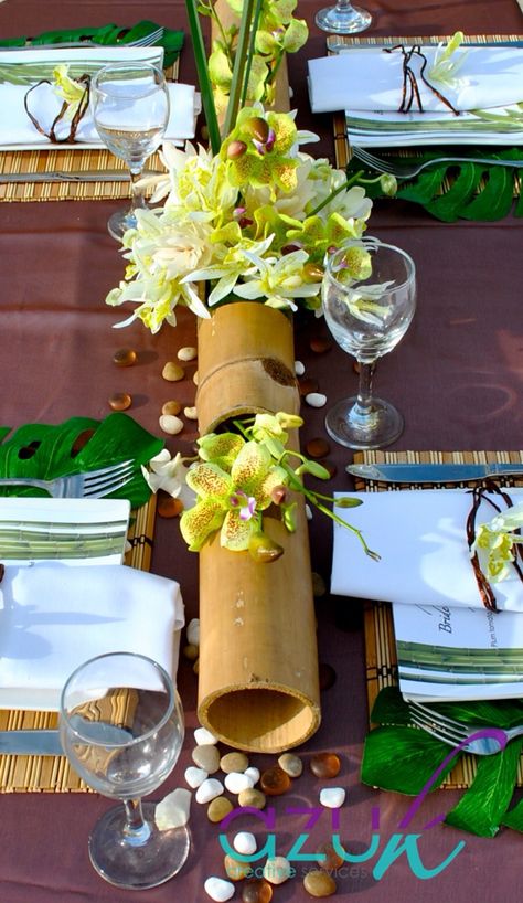 Bamboo Decor Ideas Wedding, Bamboo Wedding Centerpieces, Wedding Bamboo Decor, Bamboo Wedding Decor, Bamboo Vase Ideas, Bamboo Centerpieces, Jamaican Restaurant, Bamboo Candle, Wedding Ceremony Decorations Outdoor