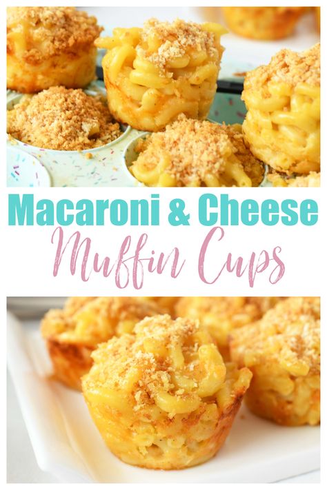 Macaroni and Cheese Muffin Cups. A 2 image collage of baked mac & cheese muffins with text in the center. Macaroni Muffin Cups, Mac And Cheese In Cupcake Tin, Macaroni And Cheese Muffins, Macaroni And Cheese Cups Muffin Tins, Mac N Cheese Cups Muffin Tins, Easy Fun Dinners, Baked Mac And Cheese Cups, Macaroni Cups, Daisy Food