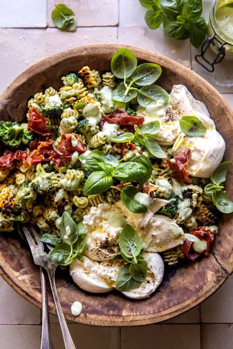 Broccoli Burrata Pasta Salad: Simple to toss together and super flavorful...perfect for serving at your next backyard dinner! Broccoli Burrata Pasta Salad, Half Baked Harvest Pasta Salad, French Onion Pasta Salad, Salad Ideas Lettuce, Half Baked Harvest Pasta, Vegetable Pasta Salad Recipes, Pasta Lunch Recipes, Summer Recipes For A Crowd, Party Pasta Salad