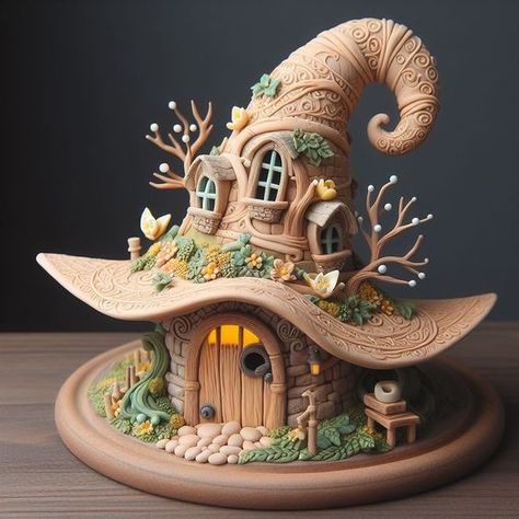 Fairy House Polymer Clay, Halloween Fairy House, Diy Clay Gnomes, Clay House Ideas, Polymer Clay Sculpture Ideas, Fairy House Clay, Polymer Clay Fairy House, Polymer Clay House, Fairy Clay