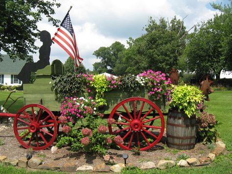 My old wagon I fixed up in my yard . I have some wagons for sale. Yard Wagon, Wagon Decor, Outdoor Wagon, Farmhouse Yard, Lawn Ideas, Antique Wagon, Farm Wagons, Horse Wagon, Wood Wagon