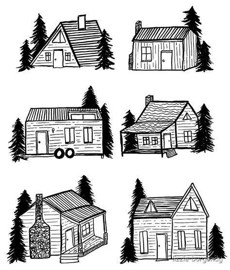 Tiny House / Cabin in the Wild Black and White Illustration • Entdecke einzigartige Designs und Motive von unabhängigen Künstlern. Simple Illustration Art, Cabin Tattoo, Wild Illustration, Simple House Drawing, Simple Cabin, House Doodle, Watercolor House Painting, Arte Doodle, House Simple