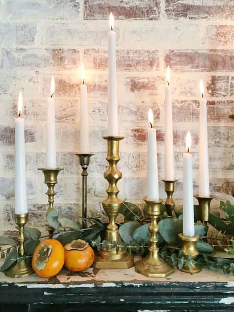 Mantle With Brass Candlesticks, Christmas Brass Candlesticks, Vintage Fall Table Decor, Candlestick Christmas Decor, Brass Candlesticks Decor Christmas, Gold Candlesticks Decor, Vintage Thanksgiving Decor, Brass Candlesticks Tablescape, Vintage Thanksgiving Tablescapes