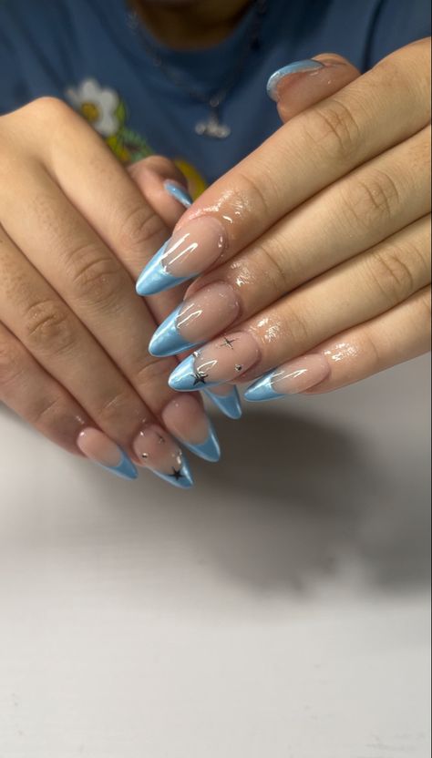 Almond Nails 
Blue French Tip Blue Quince Nails, Cinderella Nails, Quince Nails, Blue Quince, Quince, Nail Inspo, Cinderella, Nails