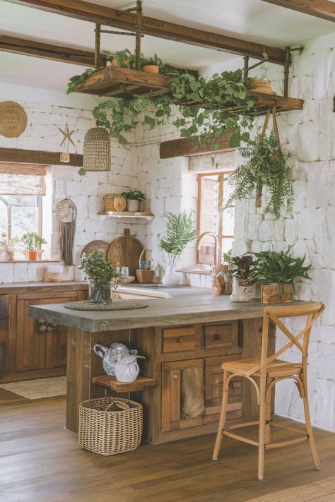 boho kitchen Boho Cabin Kitchen, Rustic Bohemian Kitchen, Kitchen Boho Chic, Boho Aesthetic Kitchen, Cottage Vibe Kitchen, Boho Cafe Design, Kitchen Ideas Cottagecore, Rustic Small Kitchen Ideas, Simple Open Kitchen