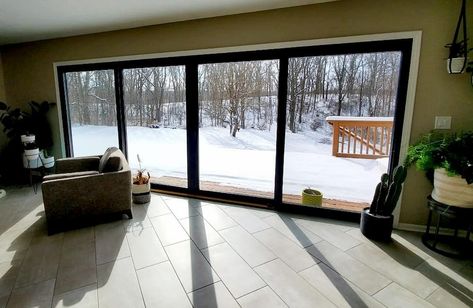 Black Sliding Patio Doors Open up Ada Living Room — Pella of Western Michigan Colonial House Remodel, Black Windows And Doors, Barbie Cottage, Sliding Doors Patio, Patio Door Ideas, Wood Patio Doors, Room Sliding Door, Screen Porches, Backyard Goals