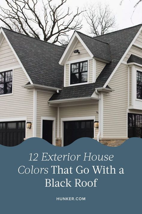 Yellow House Black Trim, Tan House With Black Garage Doors, Black Roof Tan Siding, White Brick House Black Roof, Brown Roof Black Windows, White Ranch House Black Trim, Black Roof White Siding, Cream And Charcoal Exterior, Brick House Black Roof