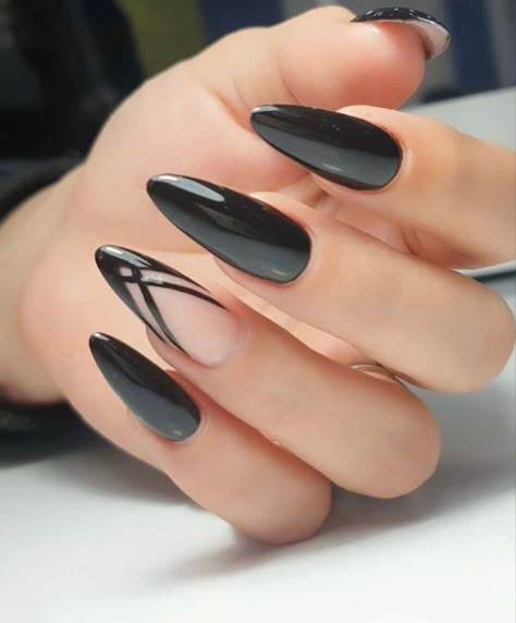 Black Almond Nails, Glitter Accent Nails, Matte Black Nails, Nail Techniques, Gothic Nails, Nail Shimmer, Simple Gel Nails, Casual Nails, Classy Design