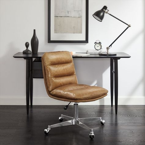 Indulge in the luxurious comfort and sleek style of the Art Leon Mid-Century Modern Genuine Leather Home Office Desk Chair. Crafted with top-grain leather and supportive foam padding, this armless swiveling task chair lets you work in style and comfort. The channel-seamed cushioned detailing creates a retro mid-century look, while the chrome finish on the sturdy x-cross metal base adds an elegant touch. Leather Desk Chair, Home Office Desk Chair, Swivel Chair Desk, Leather Office, Leather Desk, Leather Office Chair, Home Office Desk, Office Desk Chair, Chair Bed