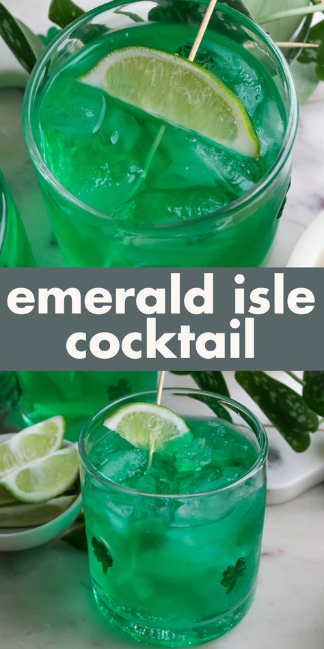 If you need a green cocktail for St. Patrick's Day, we have the perfect drink! Our Emerald Isle Cocktail is a well-balanced blend of apple-flavored rum, blue Curacao, sour apple liqueur, melon liqueur, and a splash of lemon-lime soda. Dark Green Alcoholic Drinks, Green Themed Alcoholic Drink, Easy Green Cocktails, Green Alcoholic Drinks For A Party, Spongebob Drinks, Green Cocktails Recipes, Green Drinks Alcohol, Green Alcoholic Drinks, Dark Green Cocktail