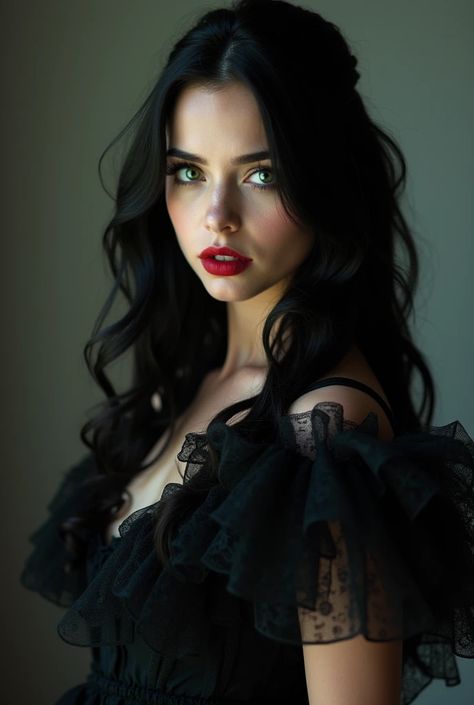 Black Hair Costume Ideas, Black Hair Costume, Woman In Her 20s, Vampire Portrait, Hair Falling, The Mask Costume, Black Wavy Hair, Art Models, Embroidered Tulle Dress