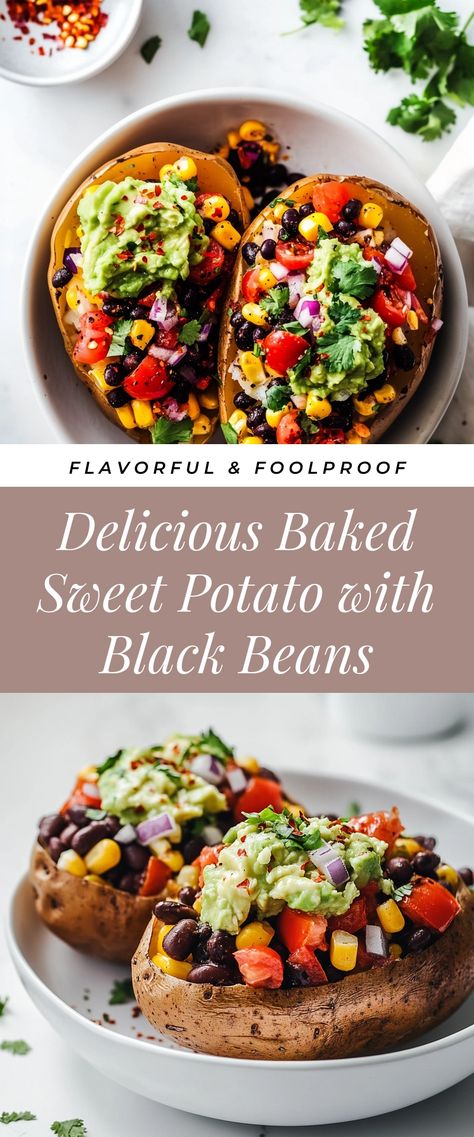 Image for Delicious Baked Sweet Potato with Black Beans Sweet Potato With Black Beans Recipes, Roasted Sweet Potatoes And Black Beans, Southwest Sweet Potato Black Bean, Black Beans And Sweet Potatoes, Sweet Potato Lentil Recipes, Sweet Potato And Beans Recipes, Black Bean Stuffed Sweet Potato, Sweet Potato Lunch Recipes, Unique Sweet Potato Recipes