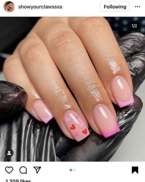 Small Square Valentines Nails, Pink Nails And Designs, Valentine Short Nail Ideas, Short Valentines Day Nails French Tip, Short V Day Nails, February Nails Ideas Valentines Day Short Square, Cute Valentines Nails Short Square, Pink Valentines Nails Short, Baby Pink Valentines Nails