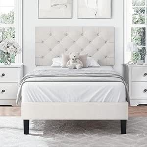 Twin Size Bed Frame with Button Tufted Headboard, Linen Upholstered Platform Bed with Wooden Slats Support, Easy Assembly, No Box Spring Required, Beige Twin Size Bed Frames, Headboard Twin Bed, Twin Bedroom Decor, White Twin Bed, Kids Twin Bed Frame, Girls Twin Bed, Twin Xl Bed Frame, Soft Headboard