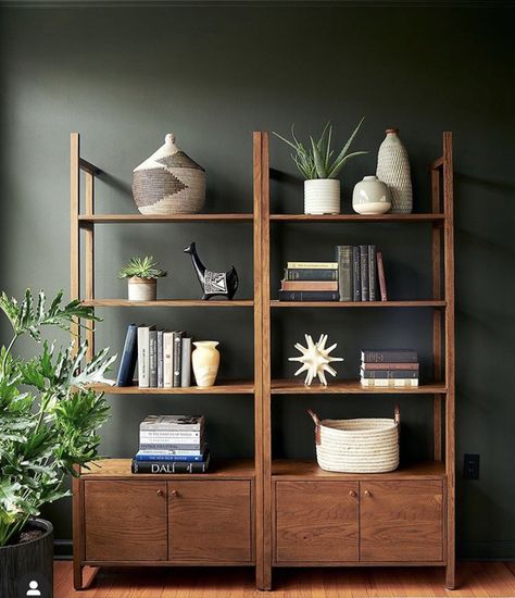 Modern Industrial Bookshelf, Eames Side Chair, Bookshelves In Living Room, Oak Shelves, Highland Homes, Dark Wall, Light Wood, Shelf Decor, Home Interior