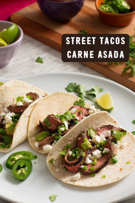 The succulent steak in these Carne Asada Tacos is guaranteed to melt in your mouth! Street Tacos Steak, Street Tacos Carne Asada, Steak Tacos Recipes, Steak Taco Marinade, Tacos Carne Asada, Steak Street Tacos, Carne Asada Recipes, Asada Tacos, Marinated Flank Steak