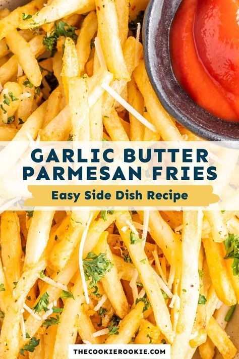 These Garlic Parmesan Fries come together so easily and are utterly addictive! Cheesy, savory and perfect for dipping. Whip up a batch for an easy snack or game day treat! Garlic Butter Fries, Cheesy French Fries, Garlic Butter French Fries, Garlic Fries Recipe, Garlic Butter Parmesan Fries, Parmesan Fries Recipe, Garlic French Fries, Parmesan French Fries, Garlic Park French Fries