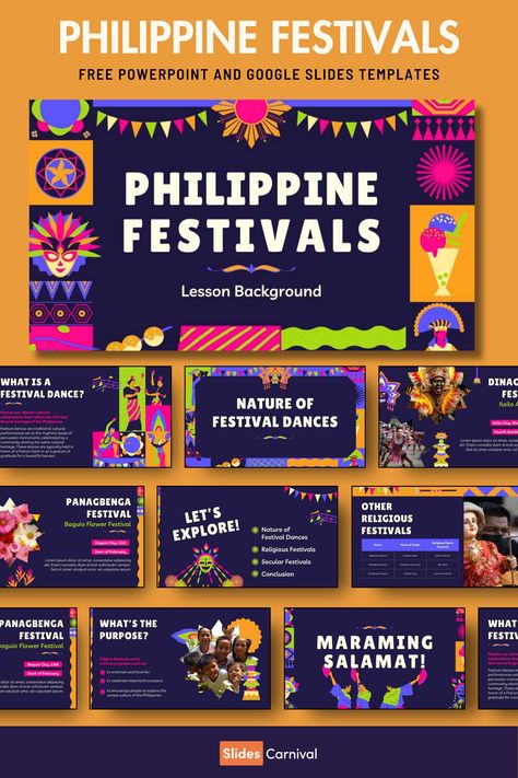 Bring the vibrant culture of the Philippines into your classroom with this multicolored, illustrated color block presentation template. Perfect for teachers, this engaging slideshow template is designed to make learning about Philippine festivals a visual delight. Whether you prefer PowerPoint or Google Slides, this PPT template is packed with eye-catching illustrations that will captivate your students and make your lessons unforgettable. Culture Of The Philippines, Philippine Festivals, Powerpoint Presentation Themes, Slideshow Template, Classroom Designs, Philippines Culture, Muscular System, Google Slides Theme, Ppt Design