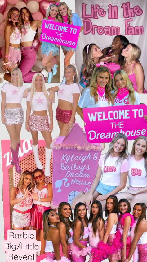 Sorority Barbie Big/Little reveal theme! #barbieoutfit #barbiemovie #barbieaesthetic #barbie #barbiebiglittlereveal #biglittle #biglittlereveal #sorority #sororityrush #sororitylife #biglittleideas Big And Lil Reveal Ideas, Sorority Barbie Theme, Sorority Reveal Themes, Barbie Big Little Reveal, Big Little Reveal Themes Sorority, Barbie Sorority, Big Little Reveal Themes, Big/little Baskets, Sorority Themes