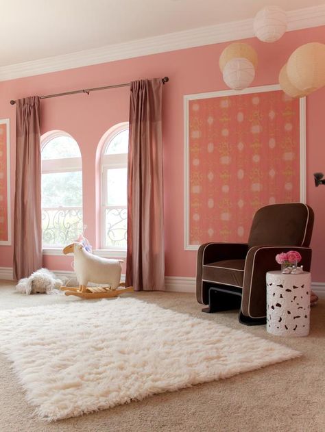 Pretty Pink Baby Nursery : Designers' Portfolio : HGTV - Home & Garden Television Round Lamps, Contemporary Kids Room, Pink Baby Nursery, Interior Remodel, Pink Nursery, Pink Bedding, Wallpaper Decor, Remodel Bedroom, Reading Books