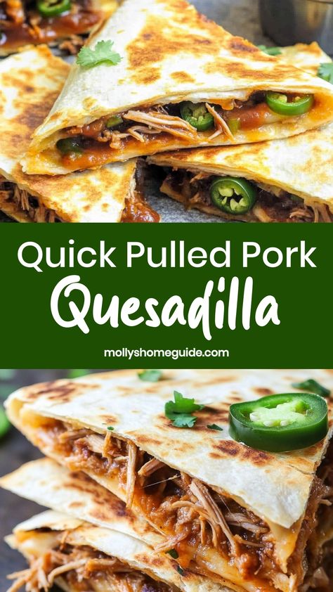 Satisfy your cravings with these mouthwatering pulled pork quesadillas! Perfectly crispy and cheesy, these quesadillas are loaded with flavorful pulled pork, gooey cheese, and the perfect blend of seasonings. Whether you're looking for a delicious appetizer for game day or a quick weeknight dinner idea, these pulled pork quesadillas are sure to be a hit. Easy to make and absolutely irresistible, this recipe is a must-try for any pulled pork lover. Pull Pork Quesadilla, Pulled Pork Fajitas, Shredded Pork Dinner Ideas, Pulled Pork Quesadilla Recipes, Healthy Pulled Pork Recipes, Pork Quesadilla Recipes, Pulled Pork Healthy, Pork Tortillas, Leftover Pulled Pork Ideas