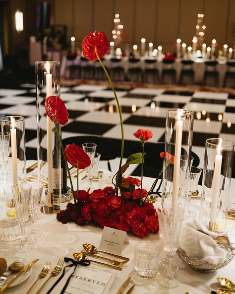 Absolute scenes at The Ritz for Taylor & Hamish's wedding soiree. This speakeasy jazz club inspo was a delight to bring to life, and we had a ball working on this wedding design. From the black and white dance floor, to the stunning red pops of @honeybunchbotanicals epic arrangements, this one was perfection from start to finish. Photographed to perfection by @mitchandtijana The team on this one: Venue @ritzcarltonperth Florals @honeybunchbotanicals Furniture @eventartillery Tableware @h... Jazzy Wedding Theme, White Black Red Wedding, Black White And Red Wedding Theme, Luxury Fall Wedding, Black Red White Wedding Decorations, Red Black White Gold Wedding Decor, Jazz Themed Wedding, Black White Red Wedding Theme, Black White And Red Party